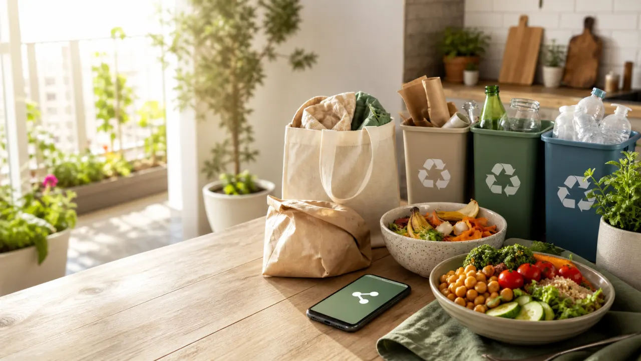 Eco-friendly kitchen table — reusable cloth and paper bags, recycling bins for paper, glass and plastic, and plant-based food bowls