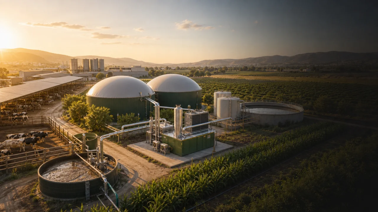 On-farm biogas facility at golden hour — anaerobic digester domes, digestate tanks, dairy and orchards