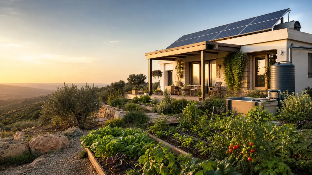 Ecological hillside home — rooftop solar panels and solar water heater, raised vegetable beds with drip irrigation and a water tank