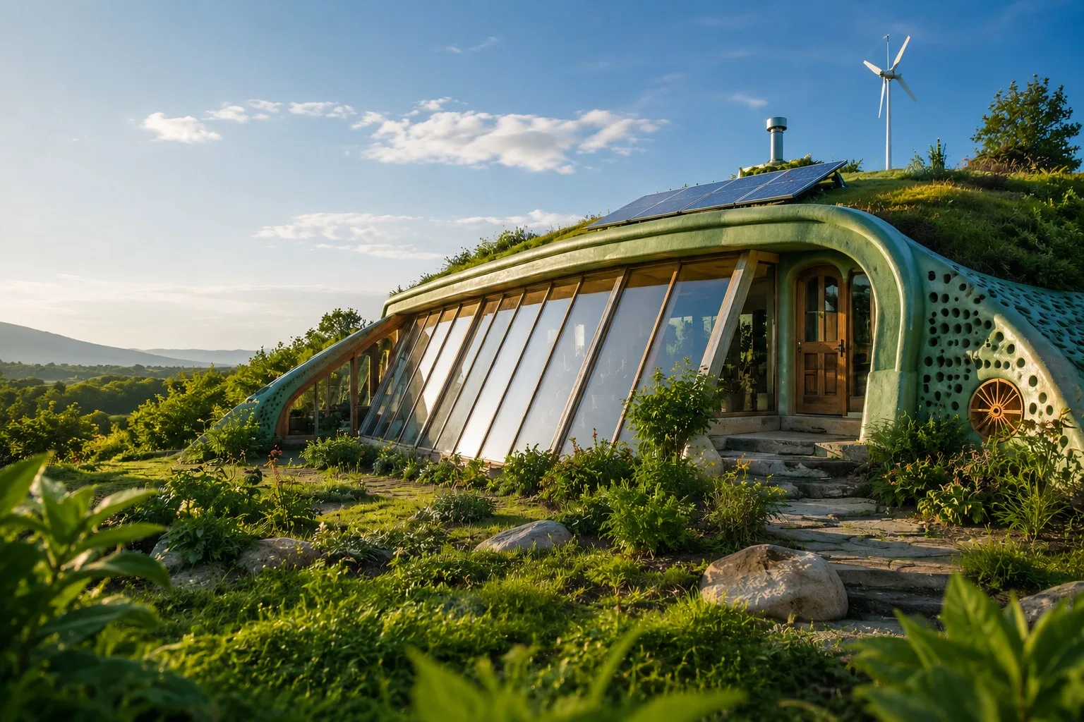 A green-roofed Earthship built into a hillside, with a glazed south-facing facade, solar panels, a wind turbine and a flourishing garden
