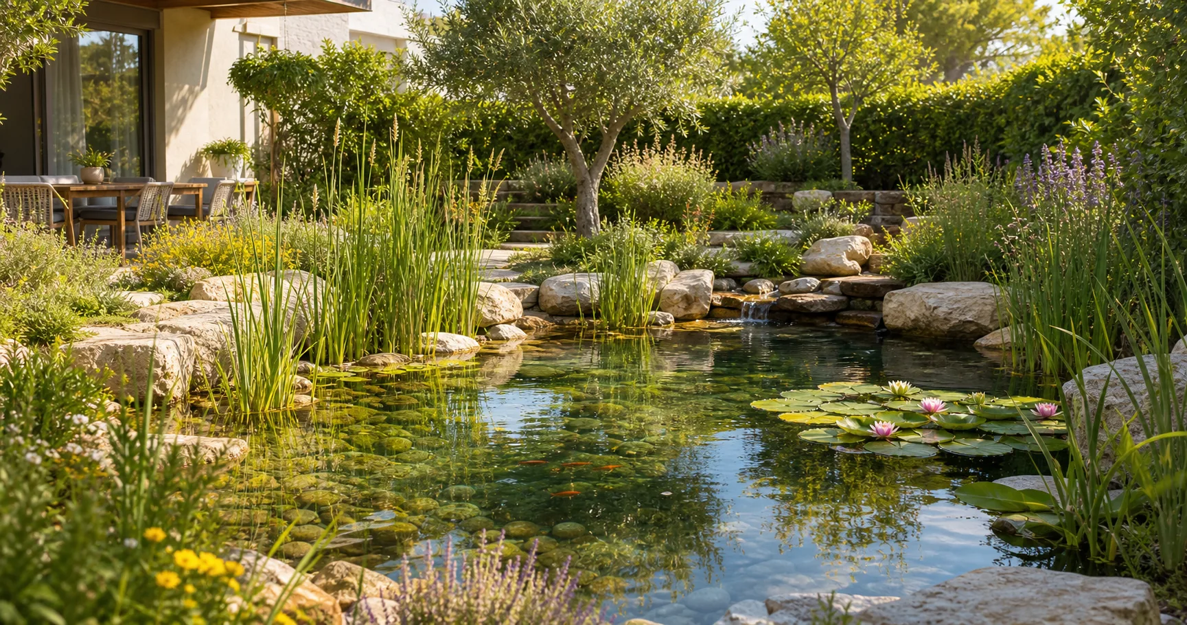 Ecological garden pond with clear water, aquatic plants and natural stone landscaping