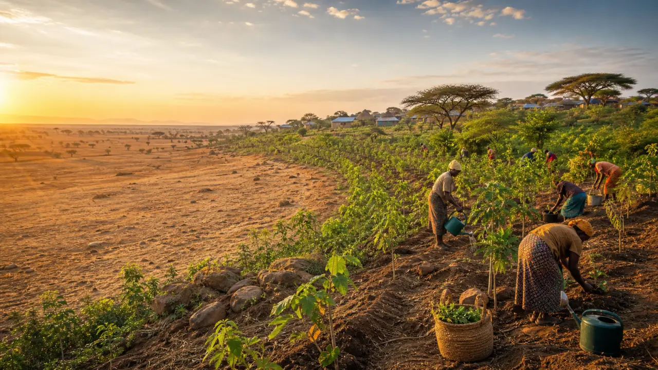 Women planting trees along a green belt at the edge of the dry savanna at sunset — the Green Belt Movement in Kenya