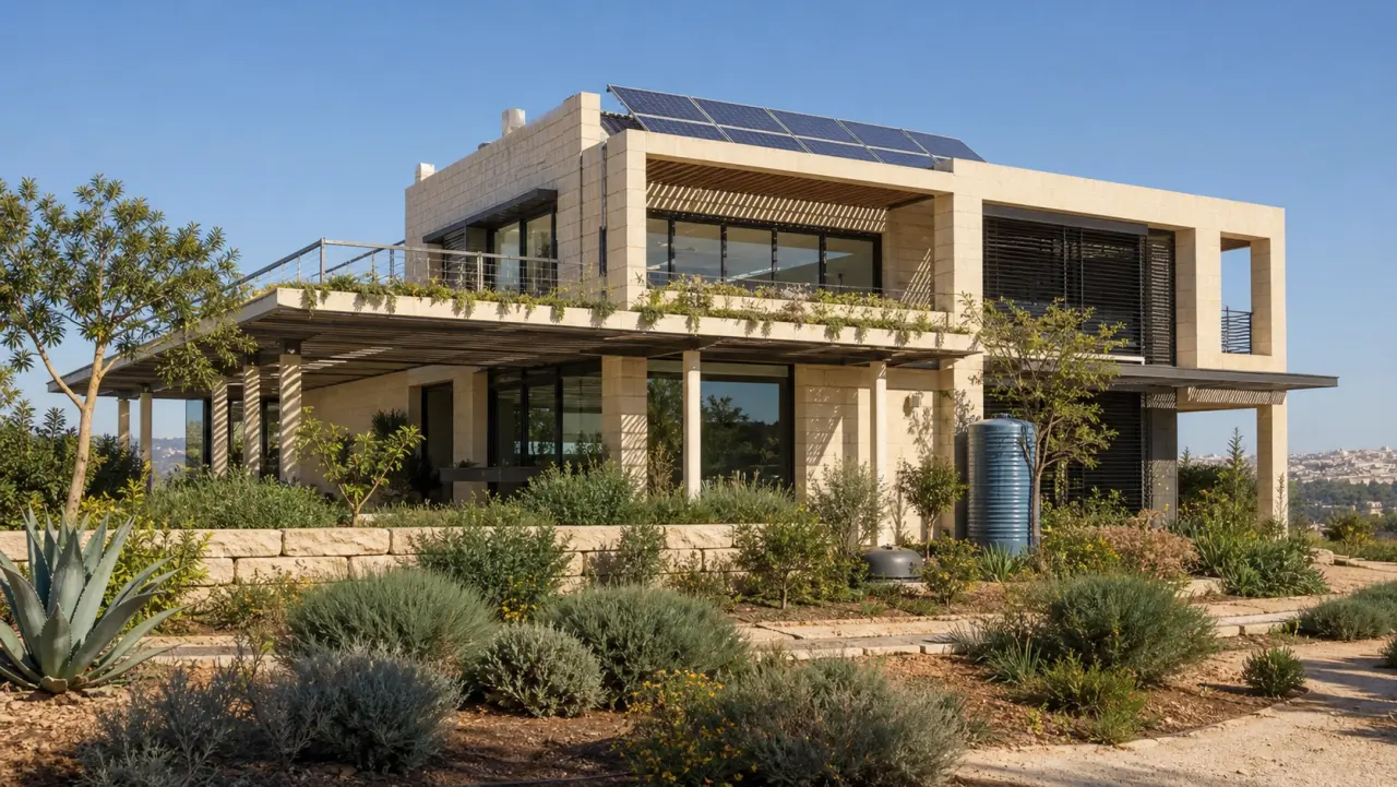 Green-built private home in Israel — stone cladding, rooftop solar panels, external shading louvres, a planted roof and solar water tank, surrounded by a water-wise Mediterranean garden