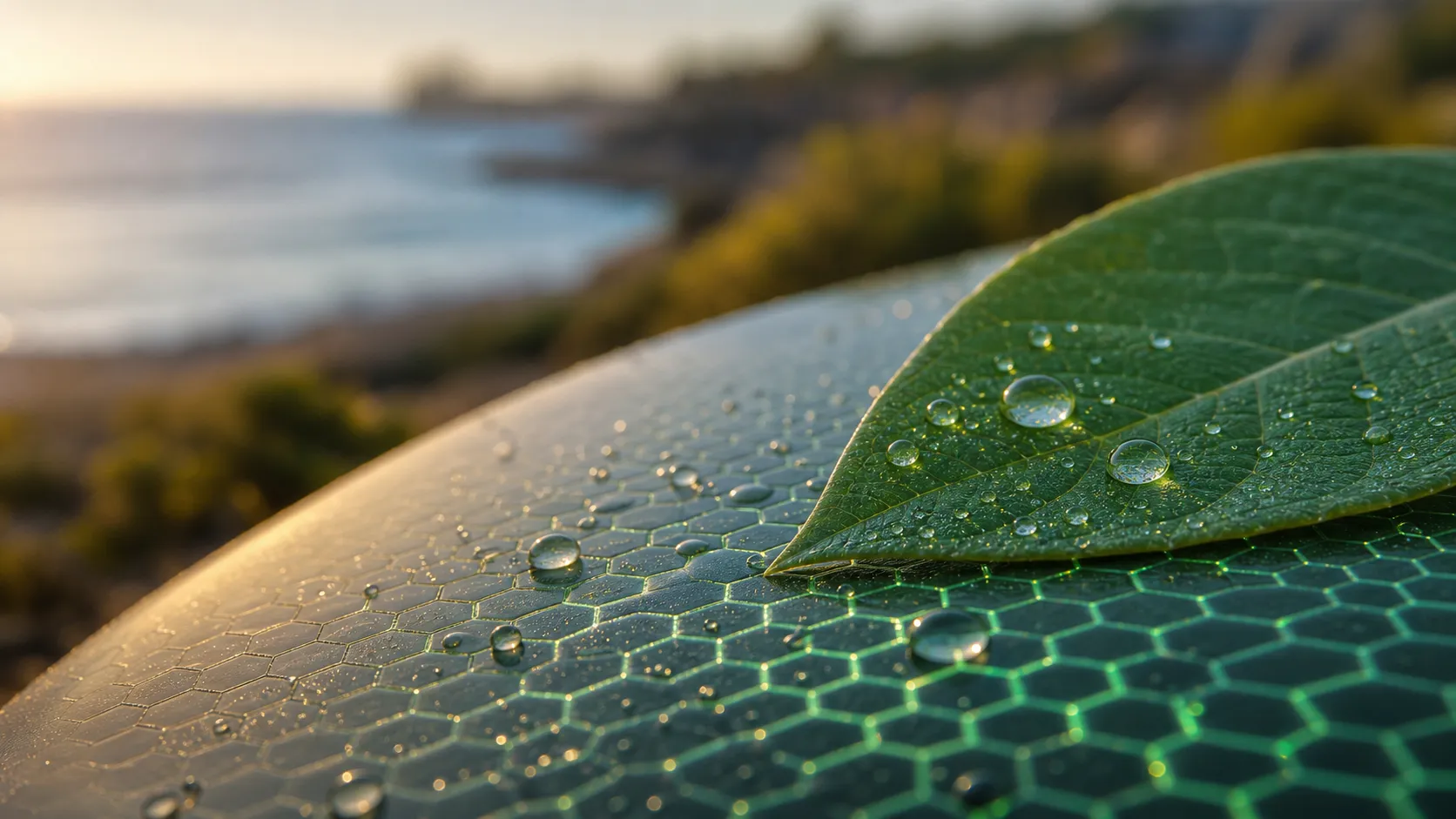 Close-up of a surface with a shimmering green smart nano-coating, microscopic hexagonal structures, a living leaf and water droplets on the self-cleaning coating