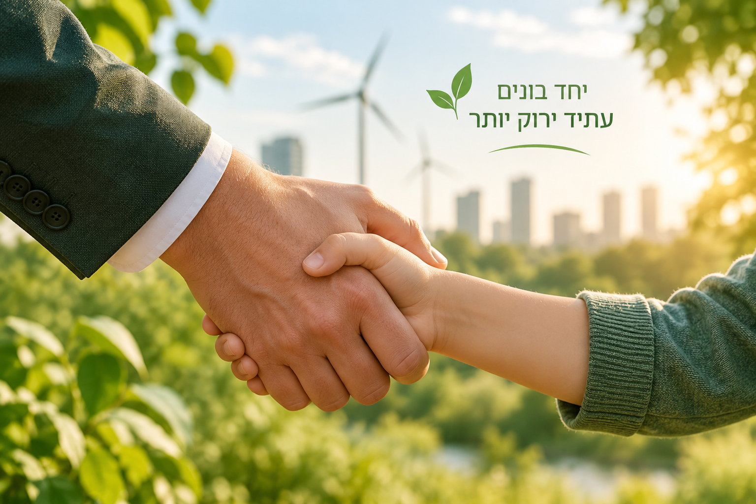 יד של ילד לוחצת יד של מבוגר, על רקע עתיד ירוק, עם המילים: יחד בונים עתיד ירוק יותר