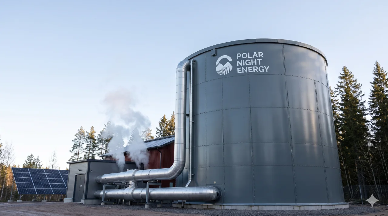 Polar Night Energy sand battery — large thermal storage tank and solar panels in Finland