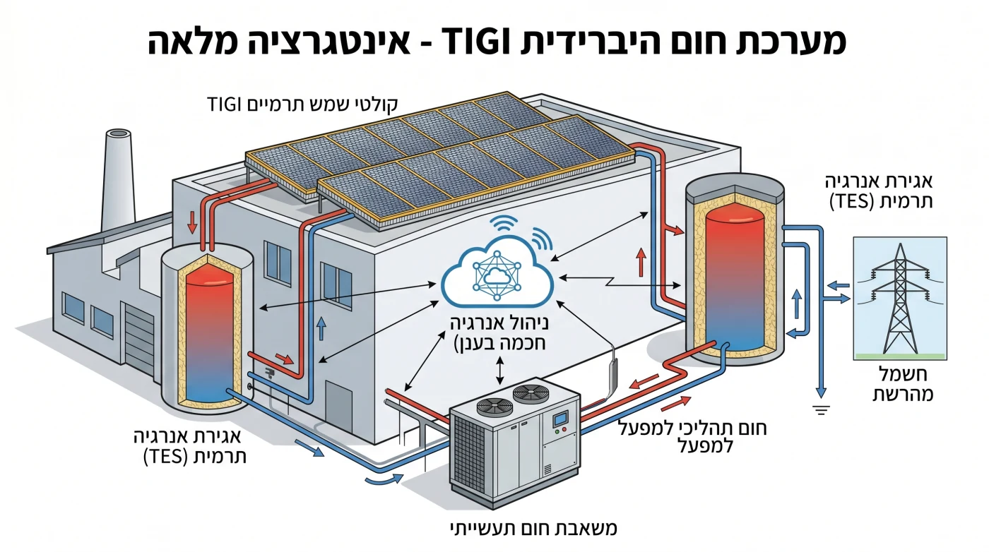 מערכת חום היברידית של TIGI — סכמת אינטגרציה מלאה: קולטי שמש תרמיים TIGI, אגירה תרמית TES, משאבת חום תעשייתית וניהול חכם בענן