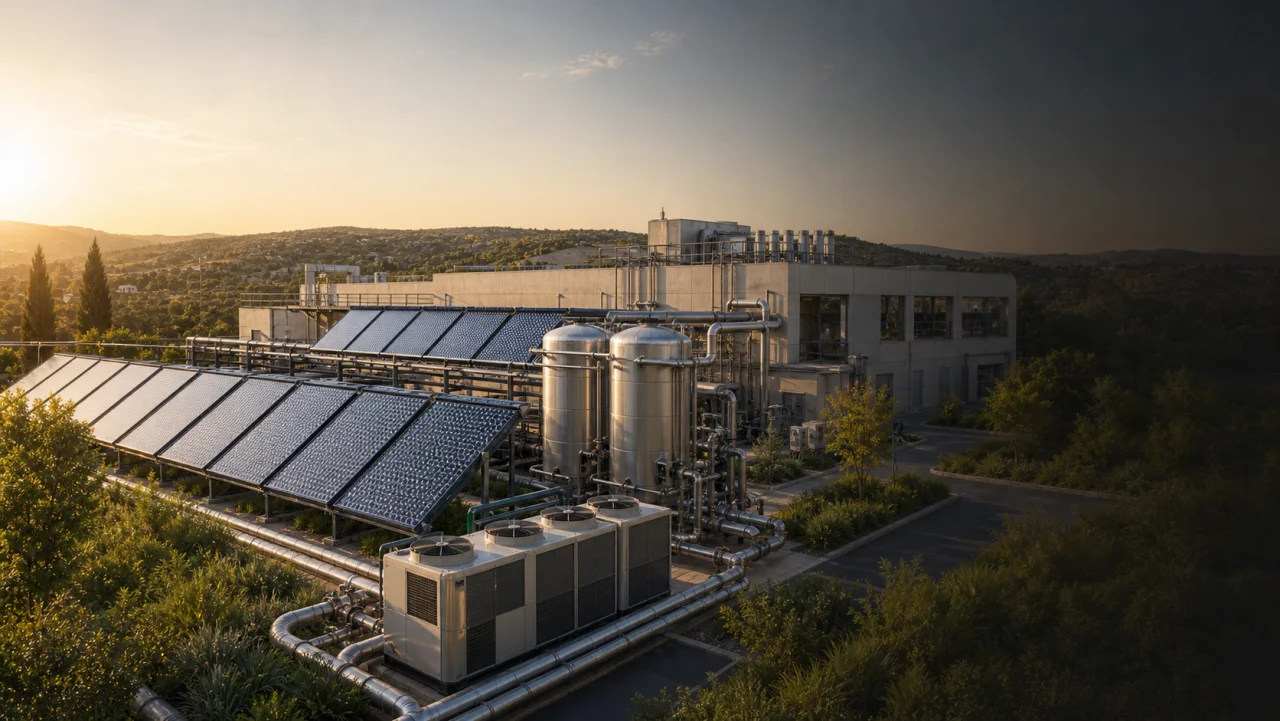 TIGI Solar facility at golden hour — thermal solar collectors, thermal energy storage tanks and industrial heat pumps