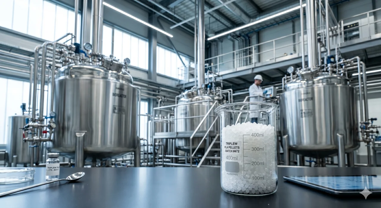 TripleW facility — industrial bioreactors and a lab beaker of PLA pellets produced from food waste